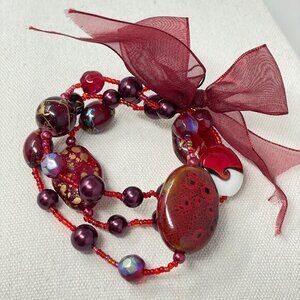 Red Stones Glass Lampwork Beads Stretch Bracelet Set of‎ 3 Valentines Gift Love